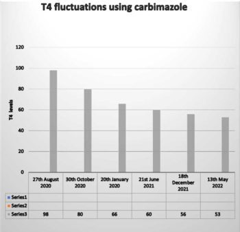 Figure 1. Several blood tests were carried out on the patient. Lab canine thyroid hormone T4 ranges: low = <12.87nmol/L; low/normal = 12.87nmol/L to 25.74 nmol/L; normal = 12.87nmol/L to 53nmol/L; high = >53nmol/L.
