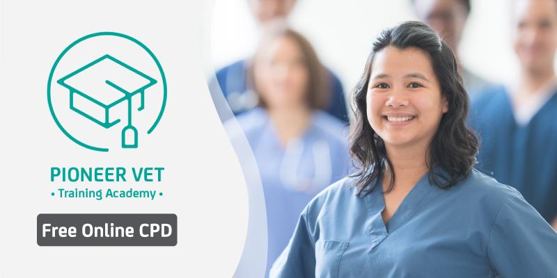 Practice staff in scrubs stand together smiling. Click to learn more about Pioneer’s Training Academy for free online CPD
