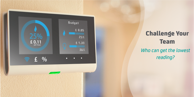 Image depicts energy smart meter on wall of practice with text ‘Challenge your team: who can get the lowest reading’?