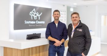 From left: Duncan Phillips, IVC’s UK and Ireland chief executive, with hospital director Stephen Collins at Southern Counties Veterinary Services, which has doubled in size as part of a redevelopment programme.