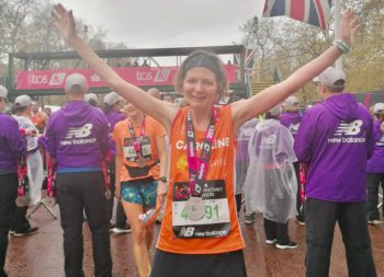 Caroline Frith pictured at the finishing line of the 2023 London Marathon in The Mall. 