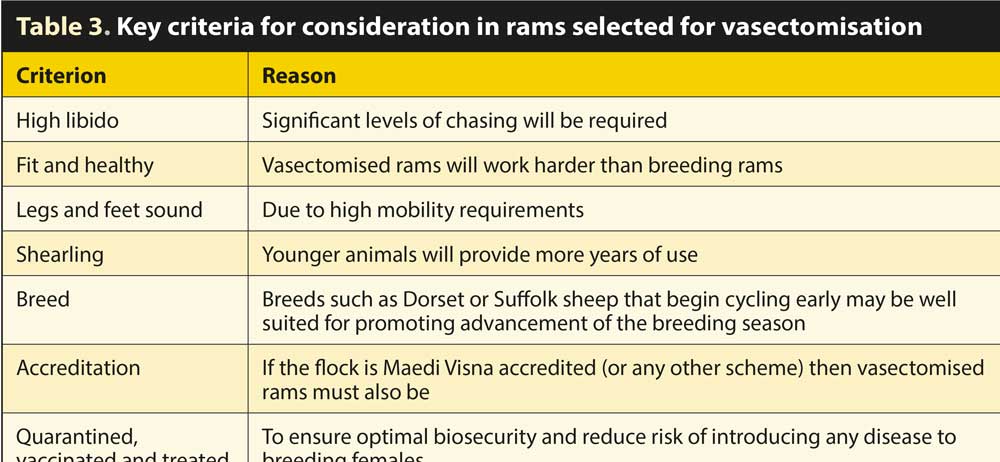 Table 3. Key criteria for consideration in rams selected for vasectomisation